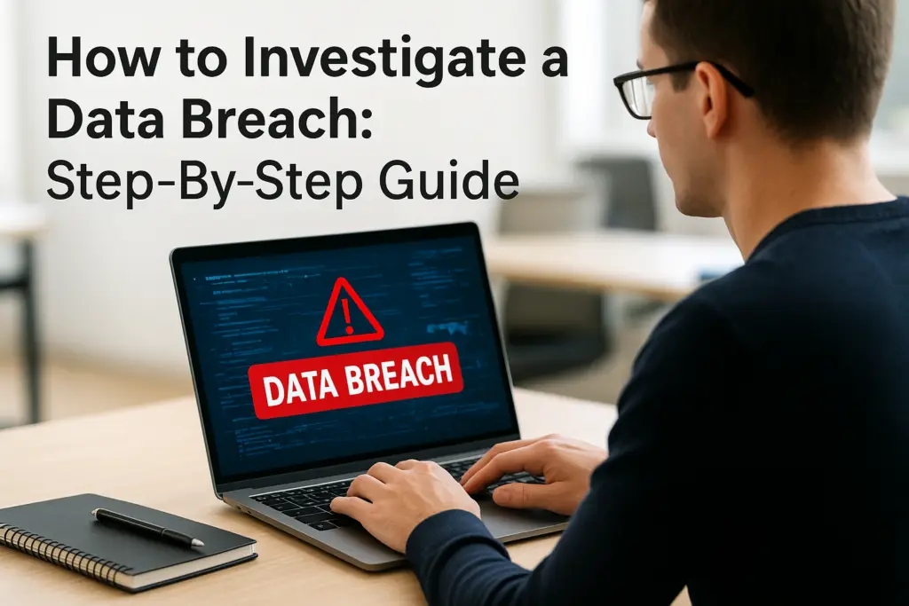 Person typing on a laptop showing a red 'DATA BREACH' warning for a step-by-step guide on investigating data breaches