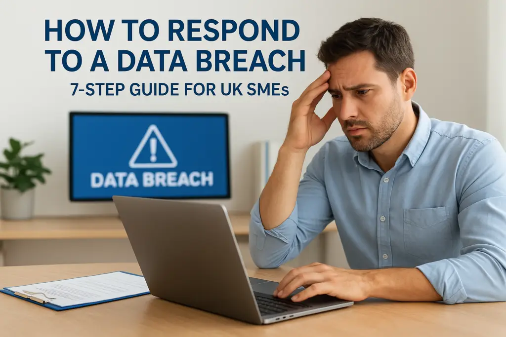 Man at a laptop looking worried, with a monitor showing a 'Data Breach' warning and the heading 'How to Respond to a Data Breach' above him.