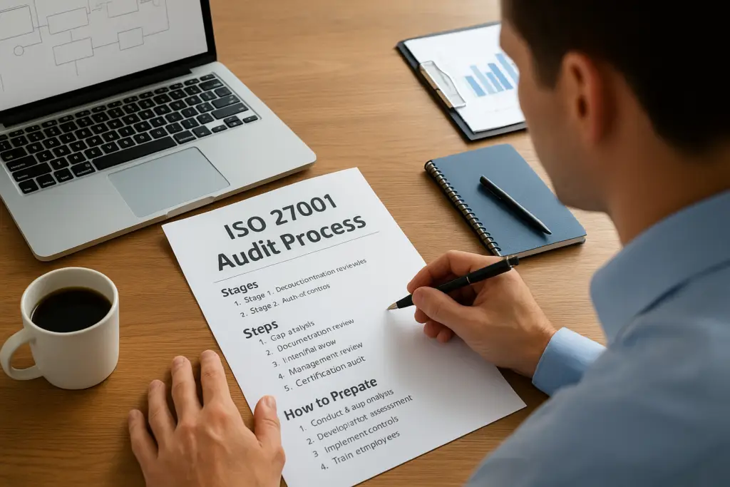 Person reviewing an ISO 27001 Audit Process document at a wooden desk, with a laptop, coffee mug, and notebook nearby.