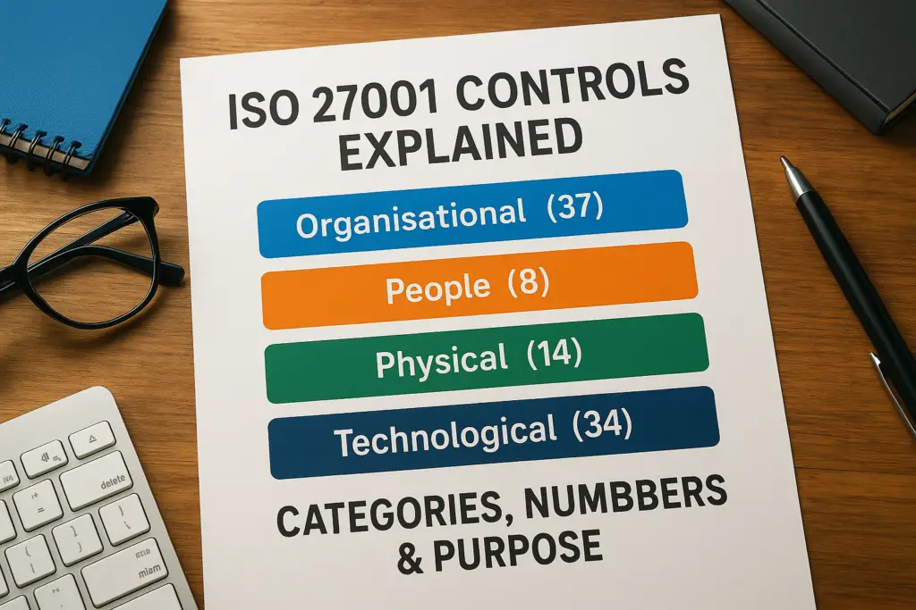Sheet titled 'ISO 27001 CONTROLS EXPLAINED' showing four colored category bars: Organisational, People, Physical, Technological on a desk edge.