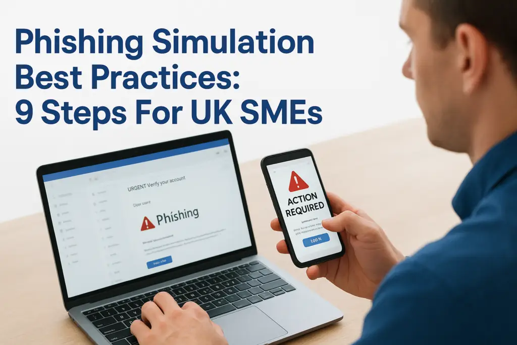 Laptop screen shows a phishing warning while a hand holds a phone reading 'ACTION REQUIRED' beside the title 'Phishing Simulation Best Practices: 9 Steps For UK SMEs'.