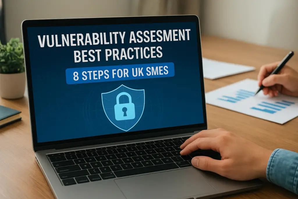 Laptop screen shows 'Vulnerability Assessment Best Practices' and '8 Steps for UK SMEs' with a shield and padlock icon.