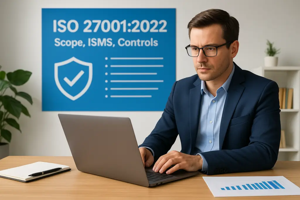 Professional at a laptop with ISO 27001:2022 poster in the background, discussing information security.