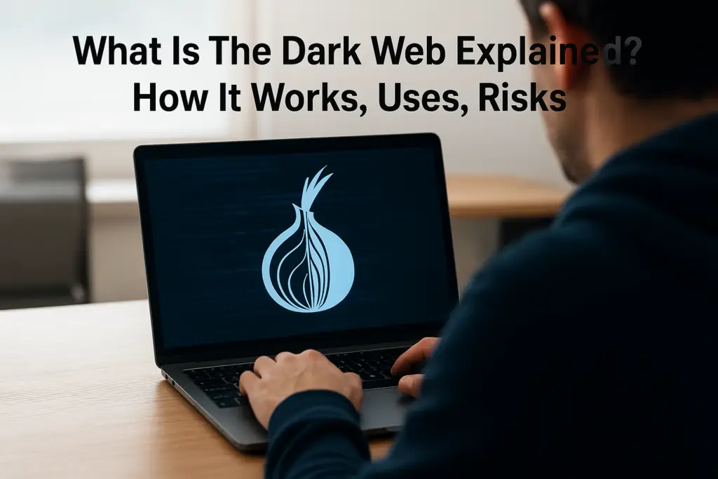 Header image for a guide about the dark web: a person at a laptop with the Kali Linux logo on screen. The headline asks, 'What Is The Dark Web Explained? How It Works, Uses, Risks.'