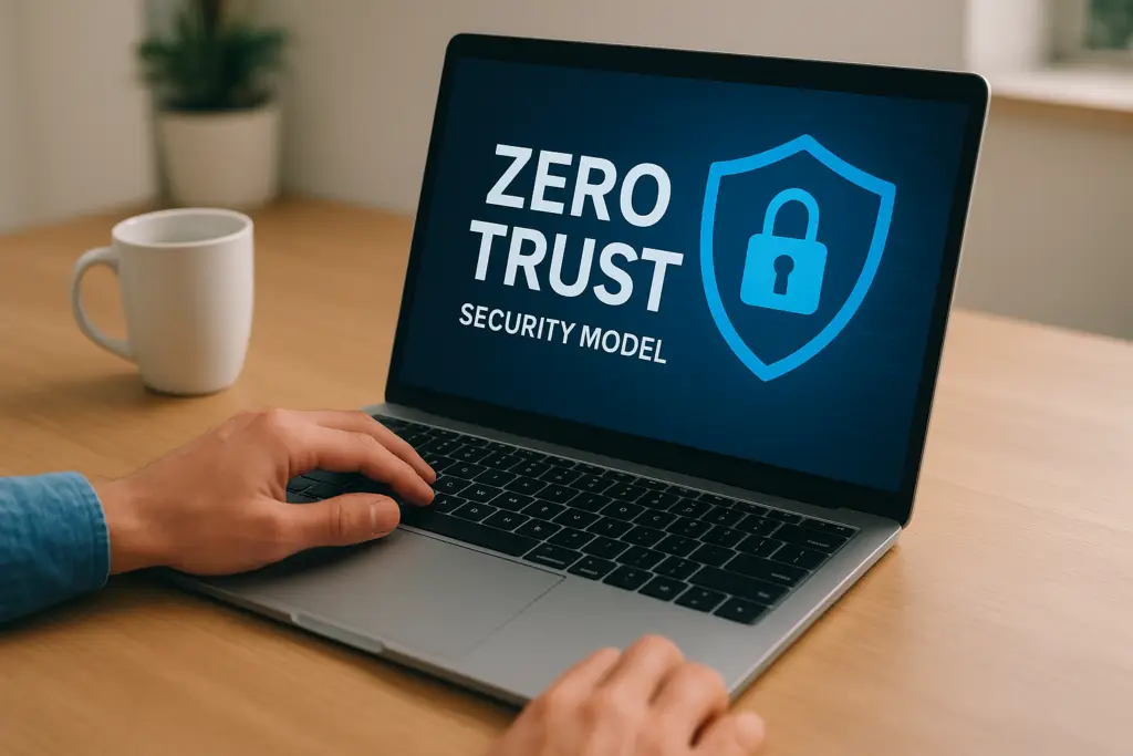 Laptop on a wooden desk displaying the words 'ZERO TRUST' and 'SECURITY MODEL' with a blue shield and lock graphic on the screen.