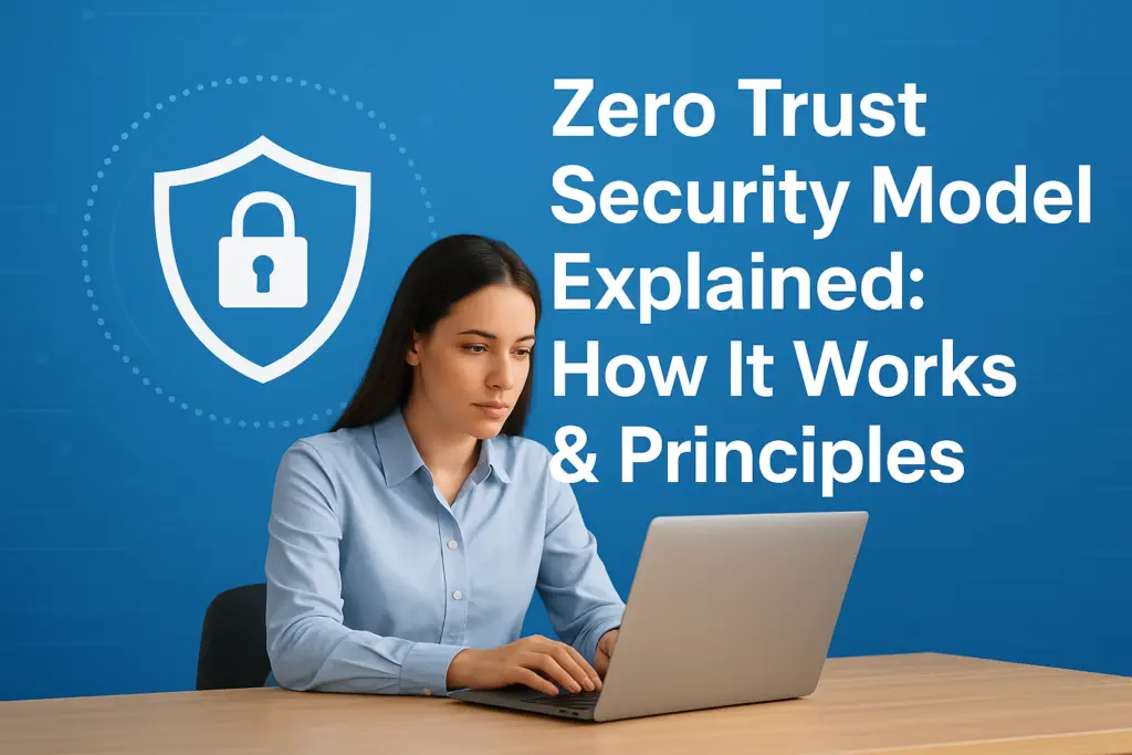 Woman working on a laptop with a blue background displaying a shield icon and the title 'Zero Trust Security Model Explained: How It Works & Principles' on the right.