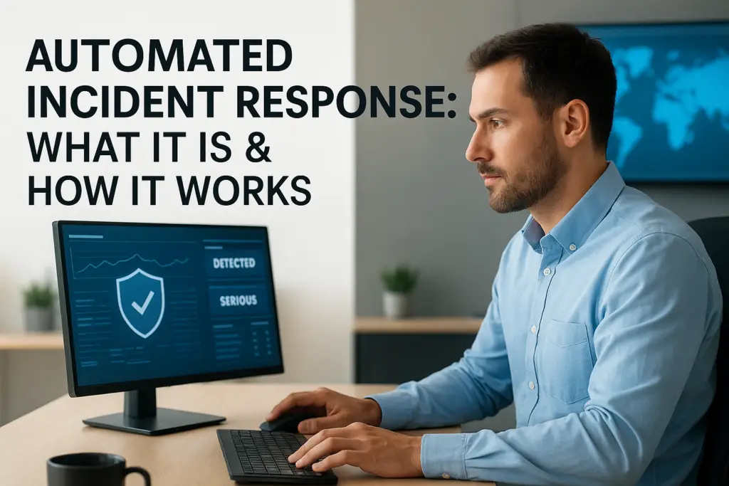 Text overlay: 'AUTOMATED INCIDENT RESPONSE: WHAT IT IS & HOW IT WORKS' beside a man in a blue shirt using a desktop computer with a security dashboard on screen (shield icon, DETECTED, SERIOUS).
