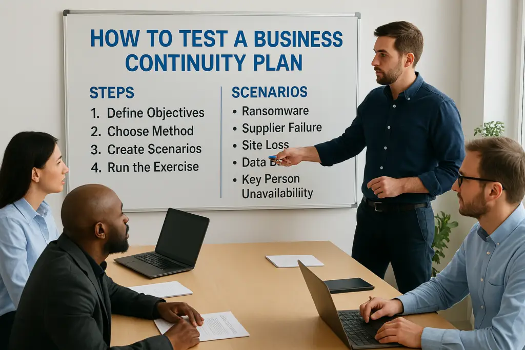 Presenter points to a whiteboard titled 'How to Test a Business Continuity Plan' as colleagues listen in a meeting room.