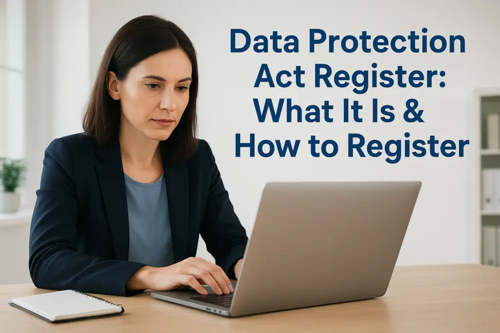 Professional woman in a navy blazer typing on a laptop, with a wall sign reading 'Data Protection Act Register: What It Is & How to Register' behind her.