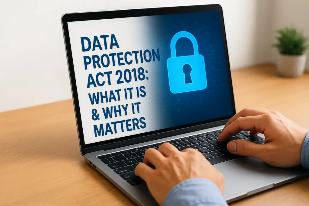 Laptop screen shows the message 'Data Protection Act 2018: What it is & why it matters' with a blue padlock icon on the right.