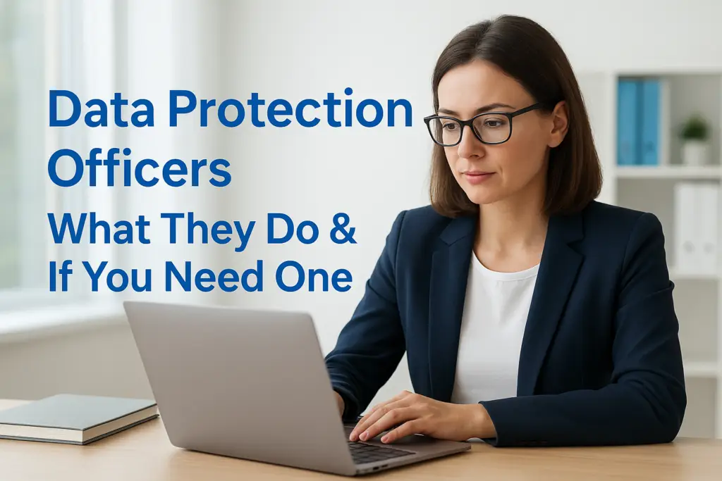 Professional woman in a blazer types on a laptop with a blue text overlay about Data Protection Officers and their role.