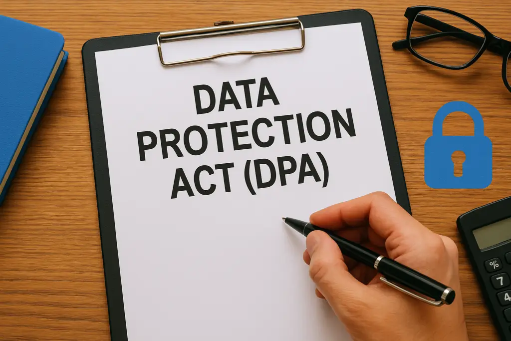Clipboard with a document titled 'DATA PROTECTION ACT (DPA)' being signed with a pen; nearby are glasses and a blue lock icon for security.