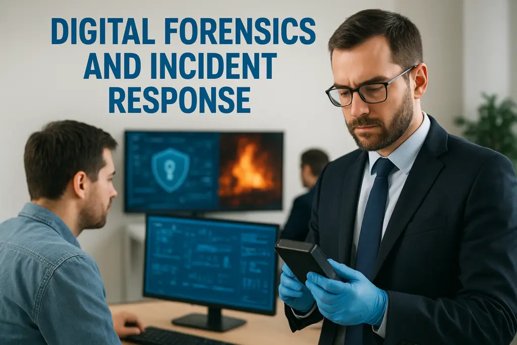 Two analysts in an office analyzing digital forensics on monitors, with bold 'DIGITAL FORENSICS AND INCIDENT RESPONSE' text on the wall.