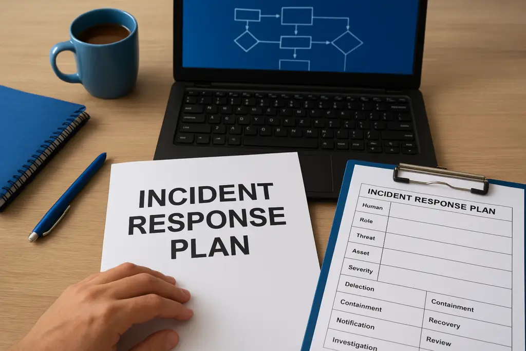 Person reviews an 'Incident Response Plan' document on a desk with a laptop, notebook, pen, and coffee mug nearby.