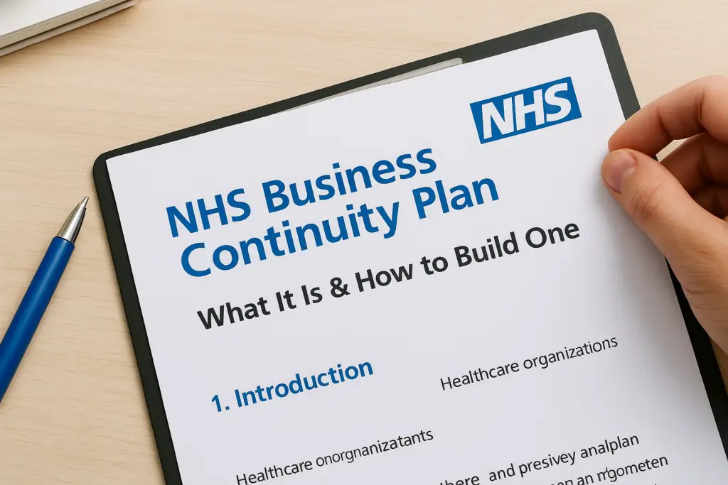 Tablet screen shows an NHS Business Continuity Plan document with a blue NHS logo, held by a hand beside a blue pen on a light desk.
