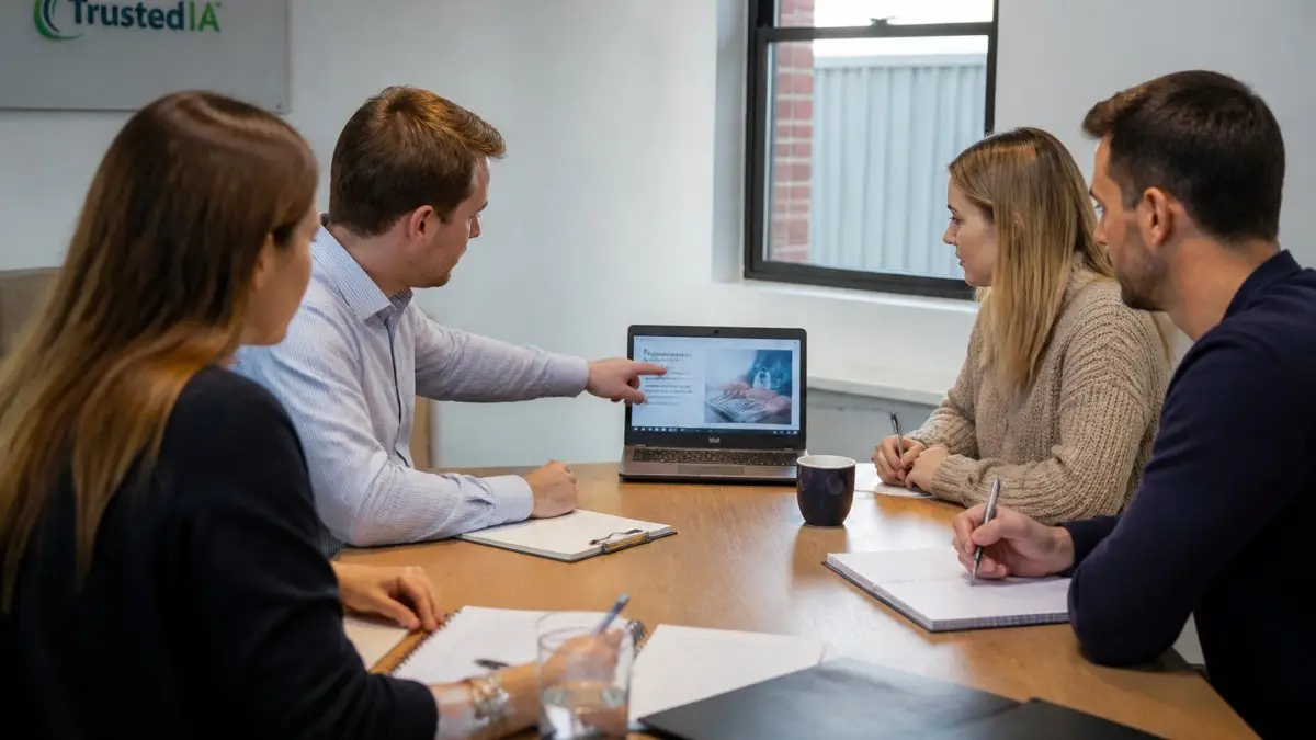 A team during a training session on how to protect client data with security awareness slides and note-taking.