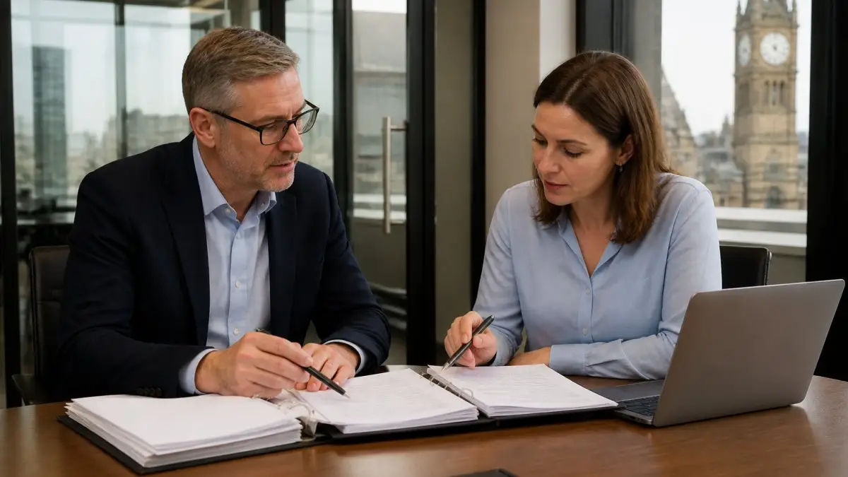 Auditor and manager reviewing ISO 27001 audit process documentation at a meeting table