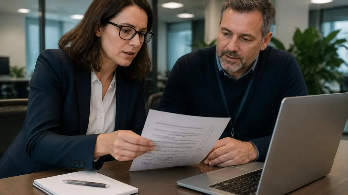 A compliance officer and IT manager reviewing a printed checklist at a desk in a modern office, with a laptop showing a risk register and a notepad nearby
