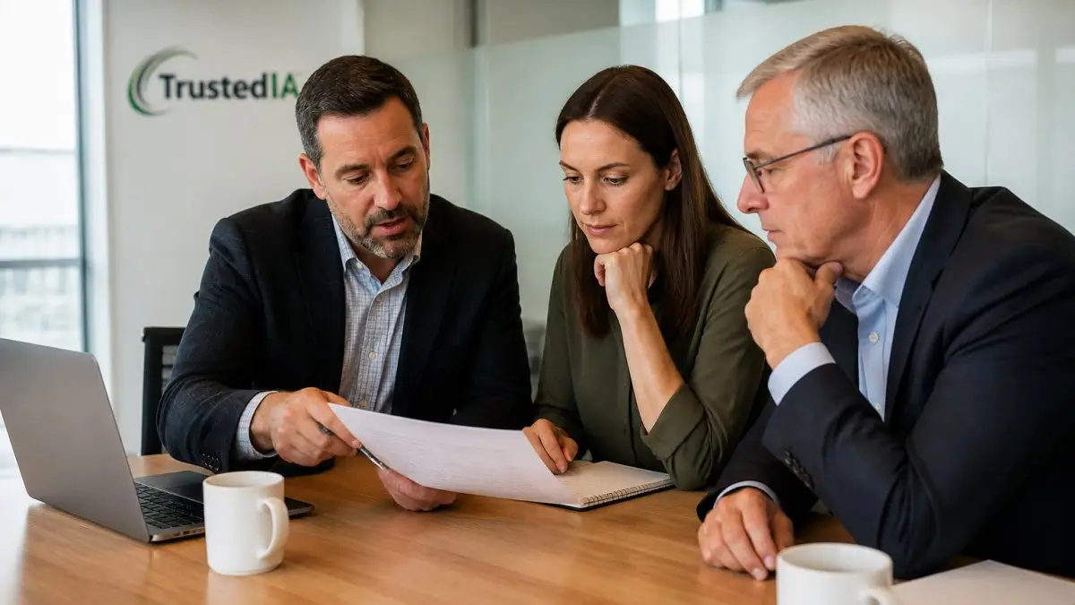 Business managers reviewing a contract with a virtual CISO in a bright meeting room.