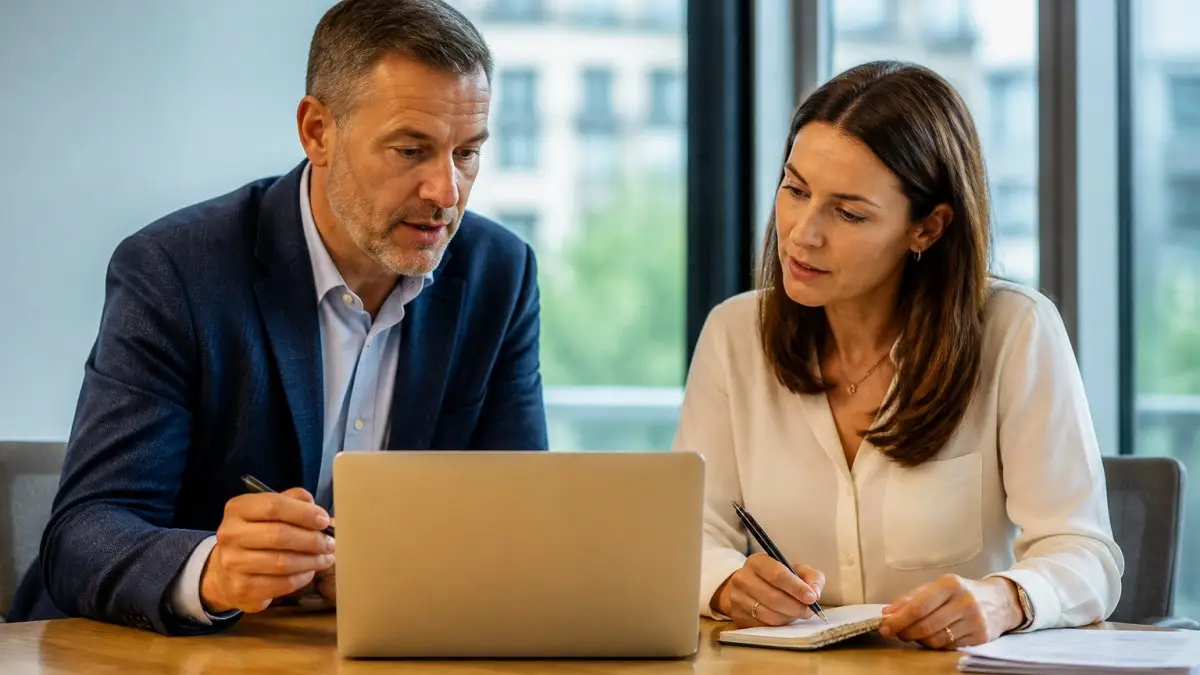 A cybersecurity consultant in a shirt and smart jacket reviewing a dashboard on a laptop with a client in a bright meeting room, both looking at the screen and taking notes