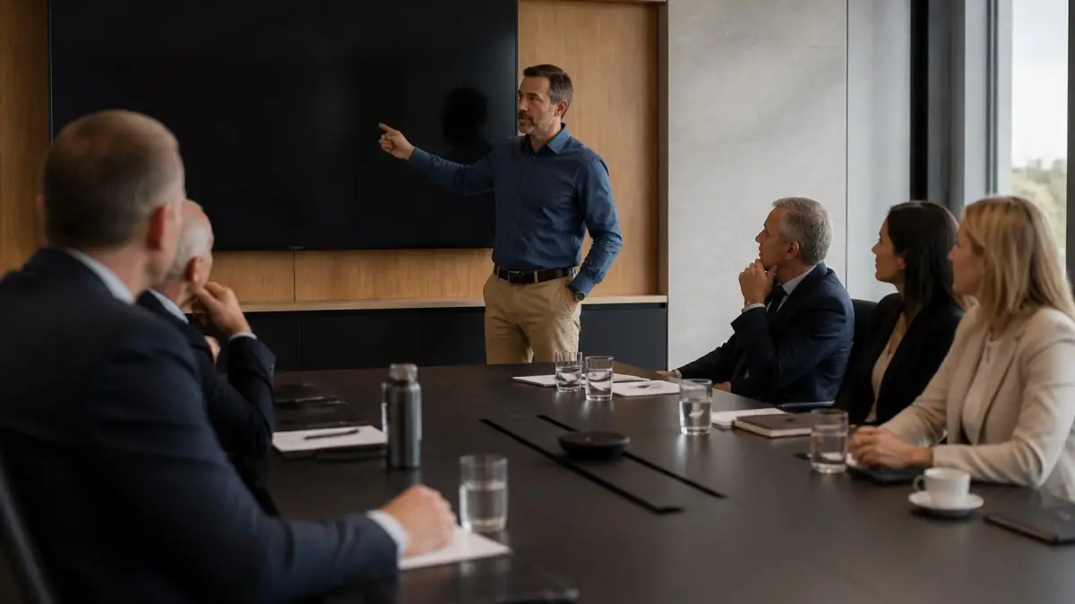 Security manager presenting a cyber risk reduction dashboard to board directors in a modern meeting room.