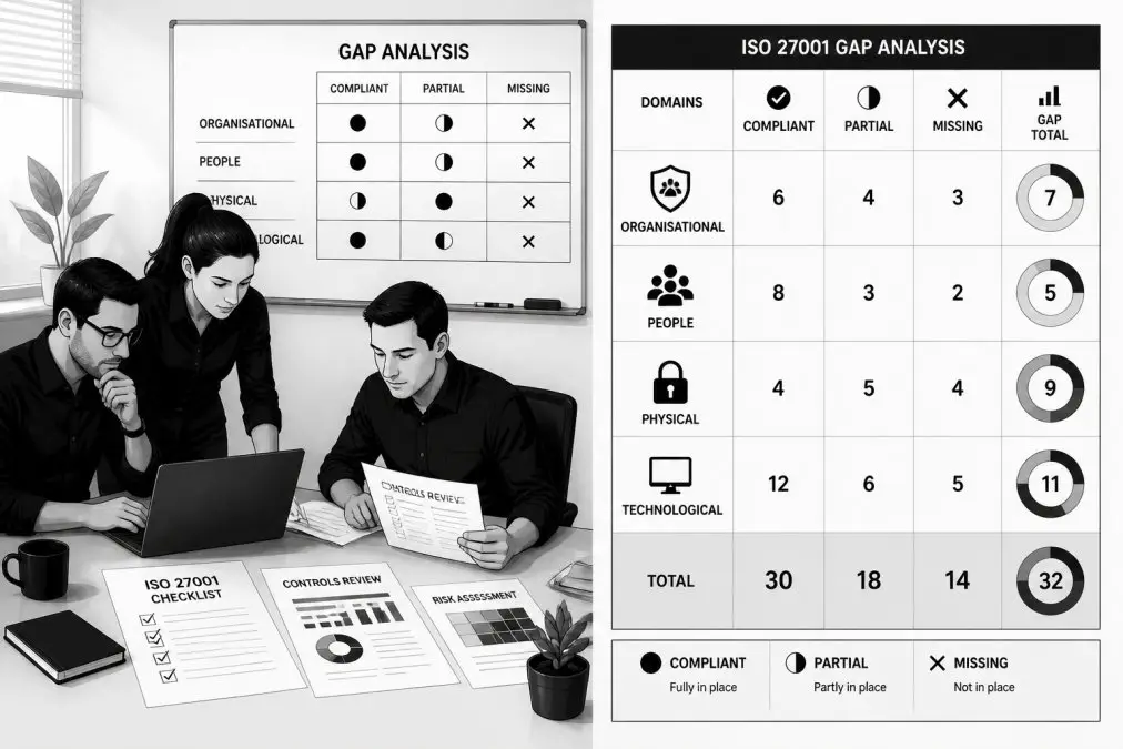 IT team reviewing security checklists and a gap analysis matrix to support ISO 27001 compliance in an office.
