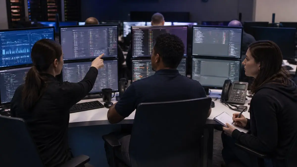 Security operations centre with three analysts at curved desks facing banks of monitors showing network dashboards, one analyst pointing at a screen while a colleague takes notes, dim blue lighting