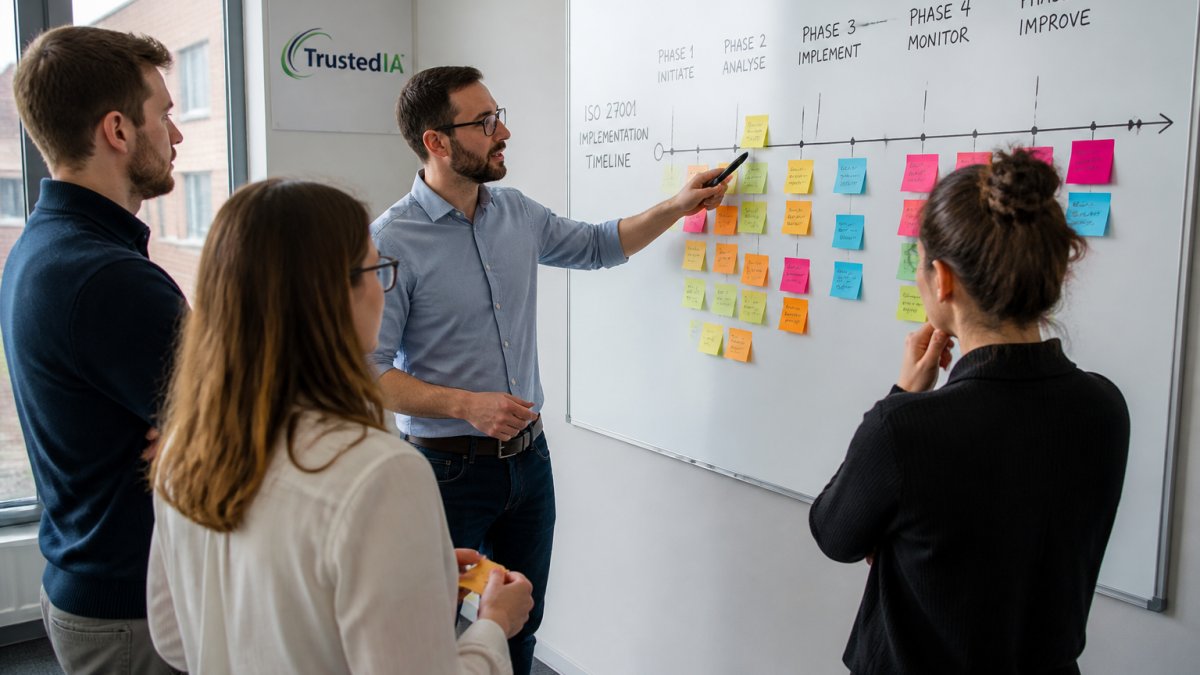 Team collaborating at a whiteboard to map out an ISO 27001 implementation timeline process
