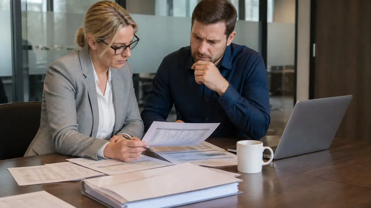 A finance director and an IT manager reviewing printed salary and benefits figures across a meeting room table, laptop open beside them